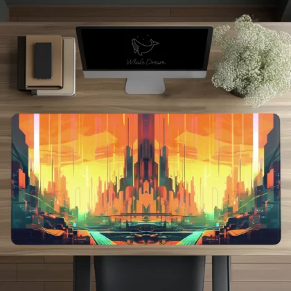 Orange cyberpunk city desk mat
