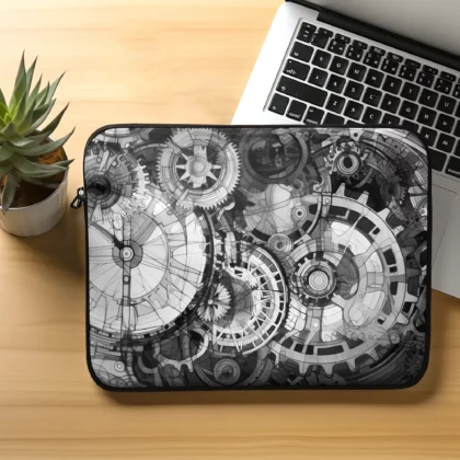 Cogs design, black and white laptop sleeve